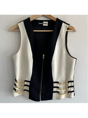 RINA ROSSI Vest Size 18 Black White Gold Hardware